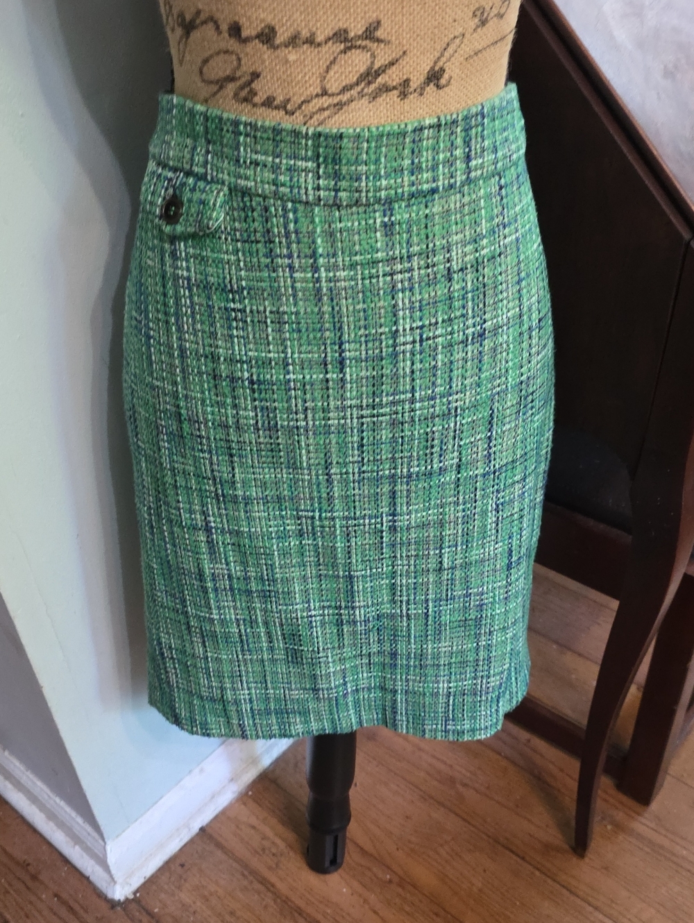 Kenar Green Tweed Pencil Skirt with Navy Accents